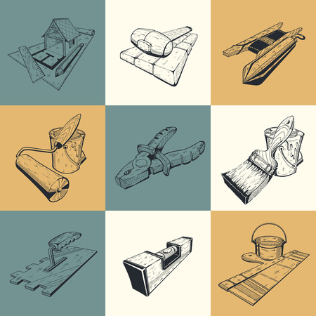 Set of nine vector illustrations with building tools.のイラスト素材