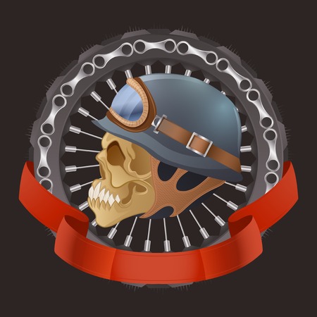 Illustration of skull motorcyclists with helmet. Colored on dark background.のイラスト素材