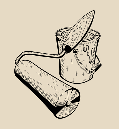 Roller and bucket of paint - a tool for painting flat surfaces. Vector illustration.のイラスト素材