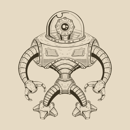 Image metal robot with an eye in flask instead of the head. Vector illustration.のイラスト素材