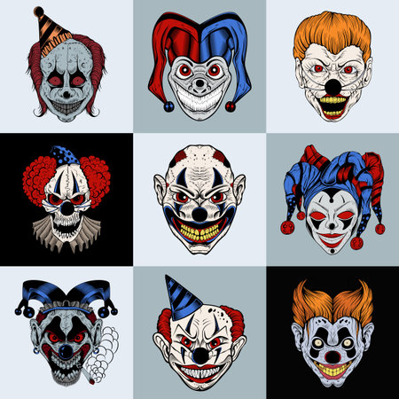Set of nine images with painted fantastic cartoon scary clown.のイラスト素材