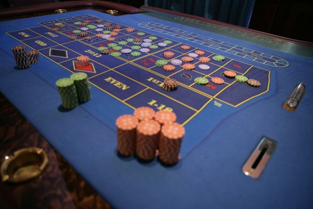 Close up of piles of chips on the roulette tableの写真素材