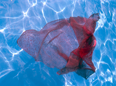Red fabric floating in poolの写真素材