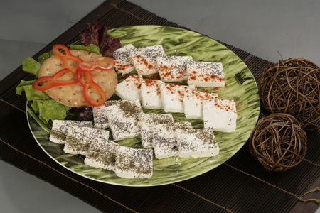 Closeup of a set with white cheeseの写真素材