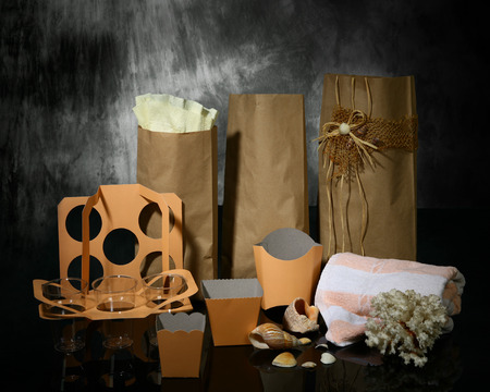 A shot of different types of brown packagingの写真素材