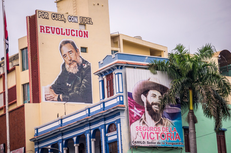 Santiago de Cuba, Cuba on January 4, 2015: Posters of Fidel Castro advertise the revolution. Santiago de Cuba is often referred to as birthplace of the Cuban revolucion.のeditorial素材