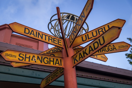 Sign post pointing towards famous landmarks and tourist sites in Australiaの写真素材