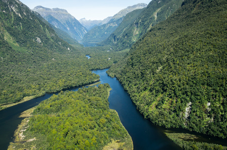 Aerial view on rivers at Milford Sound, New Zealandの写真素材
