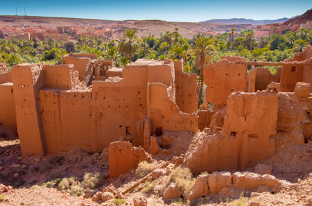 Abandoned ancient kasbah ruins amidst palm oasis in Tinghir Morocco. The mud brick house ruins stand...