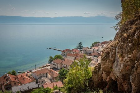 View over the fishing village of Radozhda on Lake Ohrid, Macedoniaの写真素材