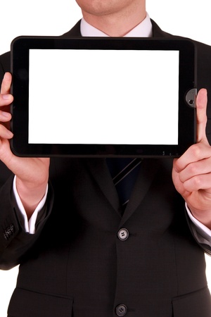 Business man holding digital tablet PC with blank white screen の写真素材