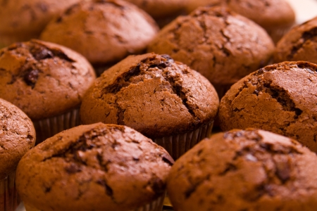 Freshly baked chocolate muffins closeup shootの写真素材