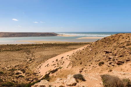 River outfall of river Wadi Draa, Atlantic, Moroccoの写真素材