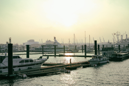 Hamburg Germany sky river sun mystic bridge water reflexion ship boat yacht harbour crane luxuryのeditorial素材