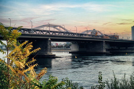 urban bridge city chill sundwon street ludwigshafen river red orange skyline modern cloud relax water rhine nightのeditorial素材