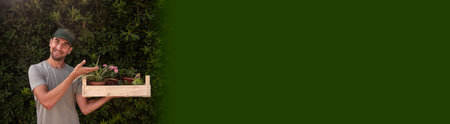 Banner. Man gardener in green cap holds wooden box with houseplants in front of living evergreen fence Phillyrea latifolia. Delivery from plant nursery. Small business, hobby, gardening. Mock upの写真素材