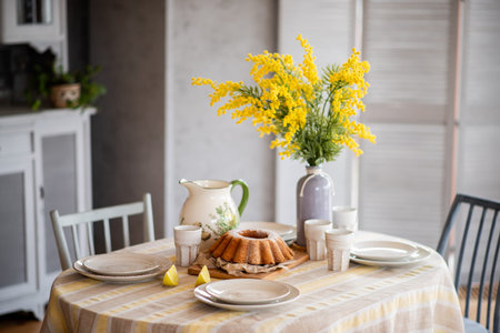 Spring, Easter interior in Scandinavian style. Rustic Living room with a bright wardrobe, yellow...