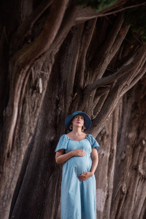 Portrait of middle-aged pregnant woman in denim blue dress, hat. The future mother stands among the huge, brown trees. Travel during pregnancy. Maternity and woman pregnancy concept.の写真素材