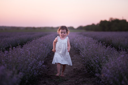 Little girl in flower dress runs barefoot across field of purple lavender among the rows at sunset. Toddler child have fun on walk in the countryside. Allergy concept. Natural products, perfumery.の写真素材