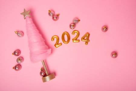 Top view Isolated pink background fluffy wool, creative Christmas tree, golden numbers 2024 with balls. New Year holiday card. Template poster for text. Cotton candy, online sales, shopping. Flat layの写真素材