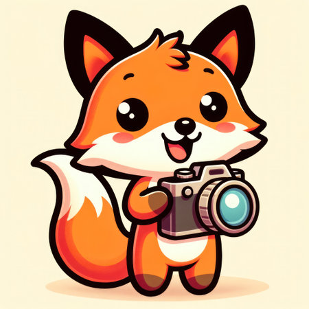 Vector cute illustration on isolated background of a little fox with a camera in his hands. Design of stickers for children, characters from fairy tales, books, animation, fairy tale technologies.の素材