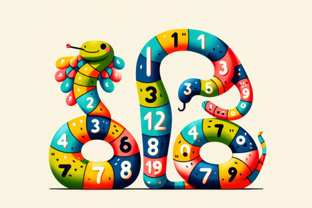 Playful cartoon snake illustration with numbers and cheerful colors, perfect for educational purposes and childrens learning materials.の素材
