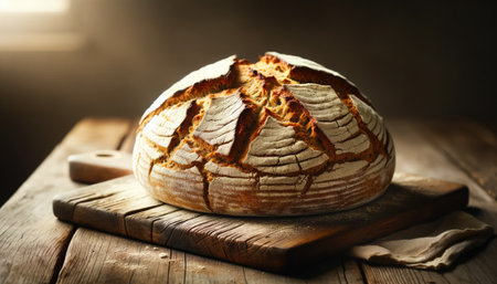 Artisan sourdough bread on a rustic wooden cutting board in warm light. Irish soda bread for St. Patricks Dayの素材