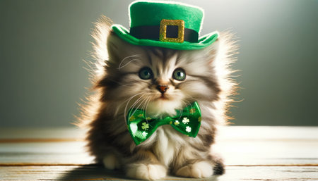 A fluffy kitten with large eyes wearing a St. Patrick's Day hat and bow tie. A charming long-haired cat adorned with green hat and bowtie, against a softly lit backdrop. Accessoriesの素材
