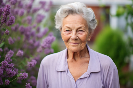Joyful elderly woman with silver hair smiling in blooming rose, Lilac garden at sunset. Close up portrait. Radiant Senior Woman Enjoying Garden. Copy spaceの素材