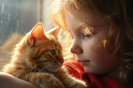 Close up portrait of little red curly girl with ginger cat share quiet moment together by window. Travel, vacation with pets. Pet Friendly trips with animals on . Friendshipの素材