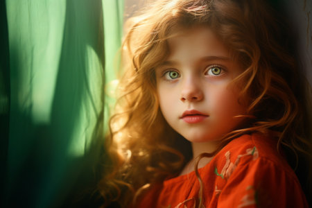 Close-up of little girl with striking blue eyes, curly red hair, illuminated by golden sunlight. Delicate portrait of a child at home, natural beauty, pure, innocent soul. Copy spaceの素材