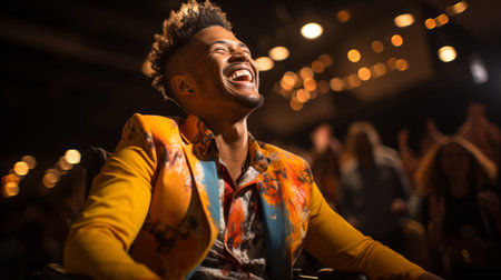 Joyful African American man in a wheelchair celebrating at night, surrounded by vibrant lights. Exuberant Man in Wheelchair Enjoying Nightlife, partyの素材