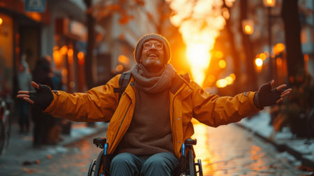 Elderly man with glasses and a beanie, arms open, basking in the sunsets glow on a city street. Senior Man in Wheelchair Welcoming Sunsetの素材