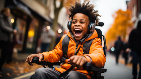 Young little boy in an orange jacket, using a wheelchair, laughing joyfully while listening to music in a city setting. Joyful child in Wheelchair Enjoying Music Outdoorsの素材
