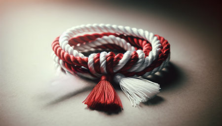 Twisted red and white Martisor, martenitsa bracelet with tassels lying on a smooth surface. Martisor, Martenitsa Bracelet on Soft Background.の素材
