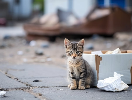 Homeless cute tabby kitten sits near cardboard box amidst leaves, garbage, debris. Rescue, care of homeless animals on the streets. Shelters, volunteering, caring for abandoned catsの素材