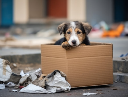 Young stray puppy sits by a littered cardboard box on an urban street. Rescue, care of homeless animals. Shelters, volunteering, life about abandoned dogs. A homeless dog living on the street.の素材
