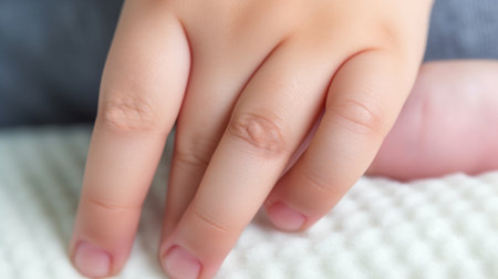 Close-up macro of child hand gently, symbolizing nails care. Little girl, boy bite their fingernails. Bad habit, stress, nerves.の素材
