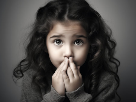 Close-up portrait of a little frightened girl covering her mouth with her hands. Childs emotions, fear, surprise. Caucasian child looking at the cameraの素材
