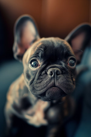 An up-close portrait of a brindle French Bulldog looking at the camera. Curious French Bulldog with Big Eyesの素材