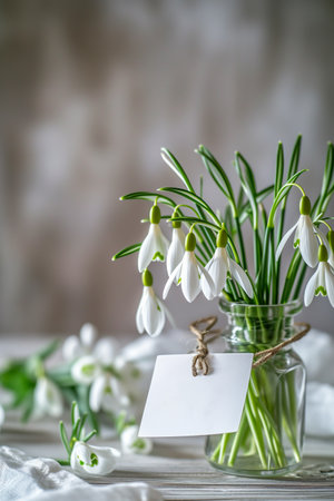 Snowdrops in a clear glass vase with a blank card and warm bokeh lights. Spring card with place for text. Mock up, copy space. Spring time flowersの素材