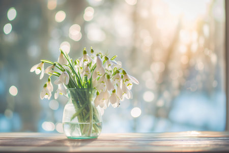 Horizontal snowdrops in a transparent glass vase on a table, with soft curtain light. Spring postcard with place for text. Floral symbol of spring time.の素材