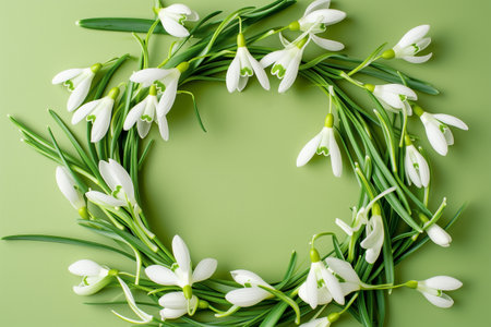 Fresh snowdrops arranged in a wreath on an olive green isolated background. Spring postcard with place for text. Mock up, copy spaceの素材
