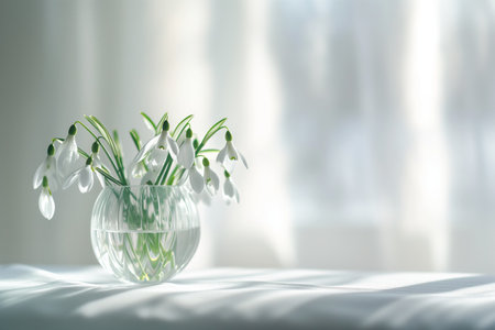 Horizontal snowdrops in a transparent glass vase on a table, with soft curtain light. Spring postcard with place for text. Floral symbol of spring time.の素材