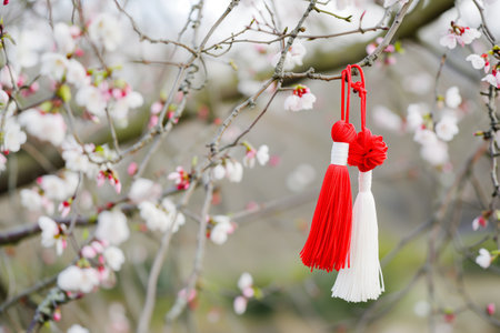 Traditional Martisor, martenitsa red white tassels tied to flowering branch, heralding spring on blossoming Branch. Moldavian, Romanian tradition of making wishes by hanging Martisor on tree branchの素材