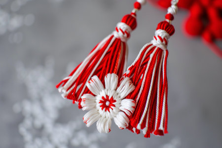 Close-up of creative red and white Martisor ornaments, a Romanian, Moldavian springtime tradition.の素材