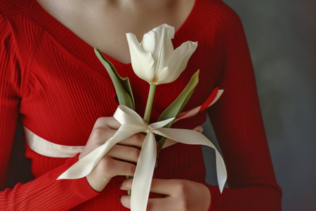 Close-up of hands holding white tulips tied with a ribbon, against a red patterned vintage dress. Faceless themed Tulip Bouquet in Handsの素材