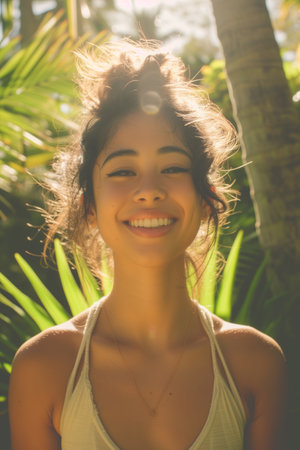 Vertical close up portrait of Cheerful young Hawaii woman with curly hair, smiling with eyes closed in a lush tropical setting. Joyful Woman with Curly Hair Amongst Greenery. Botanicalの素材