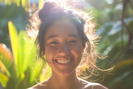 Bright-eyed young woman smiling, surrounded by tropical foliage, bathed in sunlight. Close up portrait of Radiant Young Woman with Lush Backgroundの素材