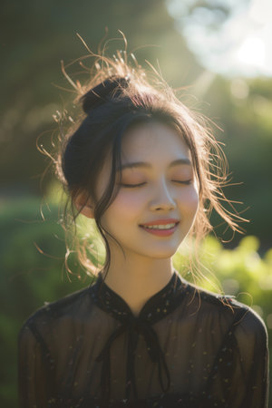 A young Asian woman in sheer blouse, eyes closed, basking in the golden sunlight. Serene Young Asian Woman Enjoying Sunlightの素材